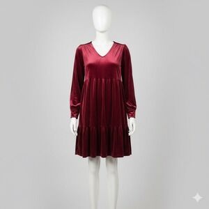 Studio One New York Burgundy Velvet Tiered Ruffle LongSleeve V Neck Dress Size M